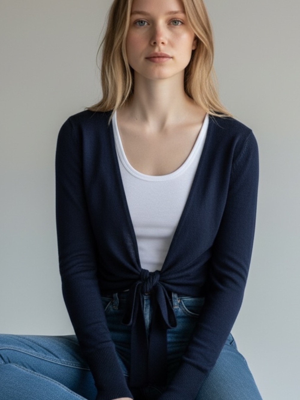 Soft Surroundings 100% Cashmere Navy Tie Front Wrap Cardigan Sweater Size Medium